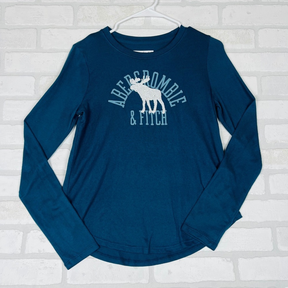 Abercrombie Kids Teal Blue Sequin Moose Logo Long Sleeve Graphic Tee Size 15/16